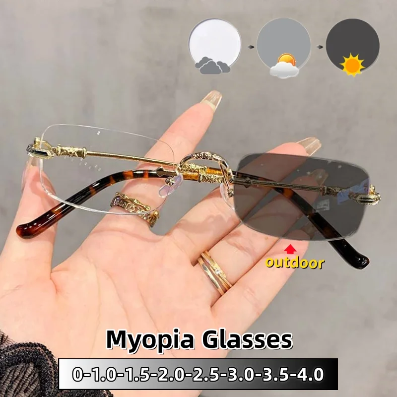 

Magnificent Business Photochromic Myopia Glasses Frameless Luxury Designer Lens Ultra Light Comfortable Anti-Blue Light Eyewear