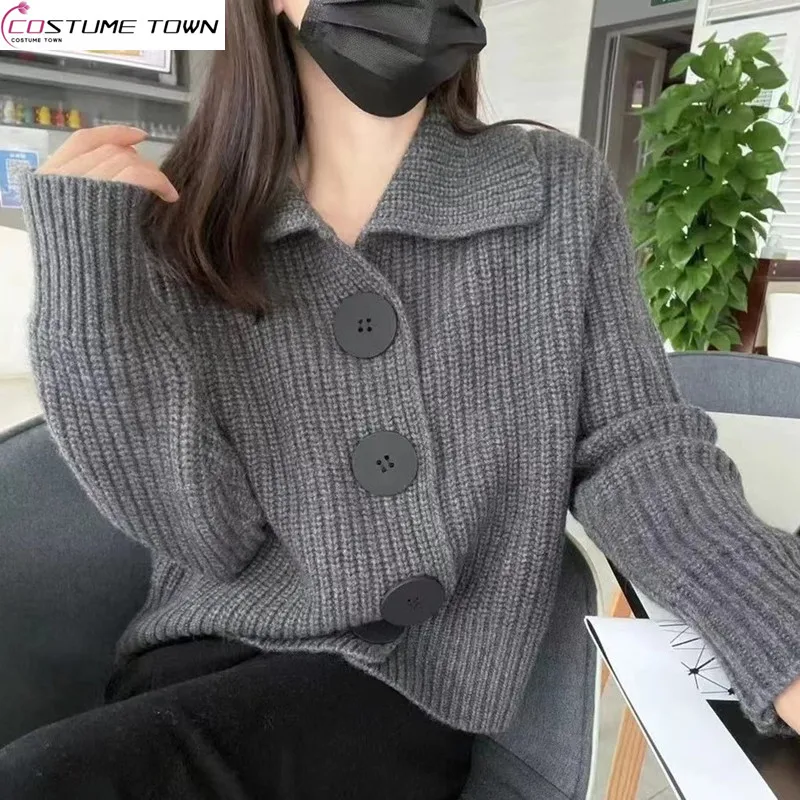 

Autumn and Winter Korean Edition New Long Sleeve Loose Fashion Big Button Collar Knitted Sweater