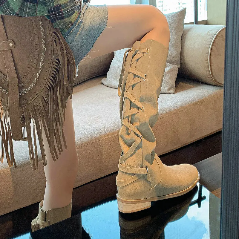 

Genuine Cow Suede Soft Leather Khaki Color Round Toe Bohemian Cowgirls Shoes Back Lace-up Cross-tied Gothic Knee High Boots