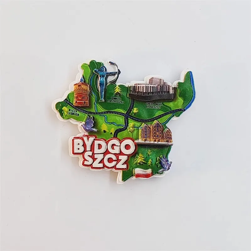 Map of Bydgoszcz, Poland Handmade Painte 3D Fridge Magnets Tourism Souvenirs Refrigerator Magnetic Stickers Home Decoration