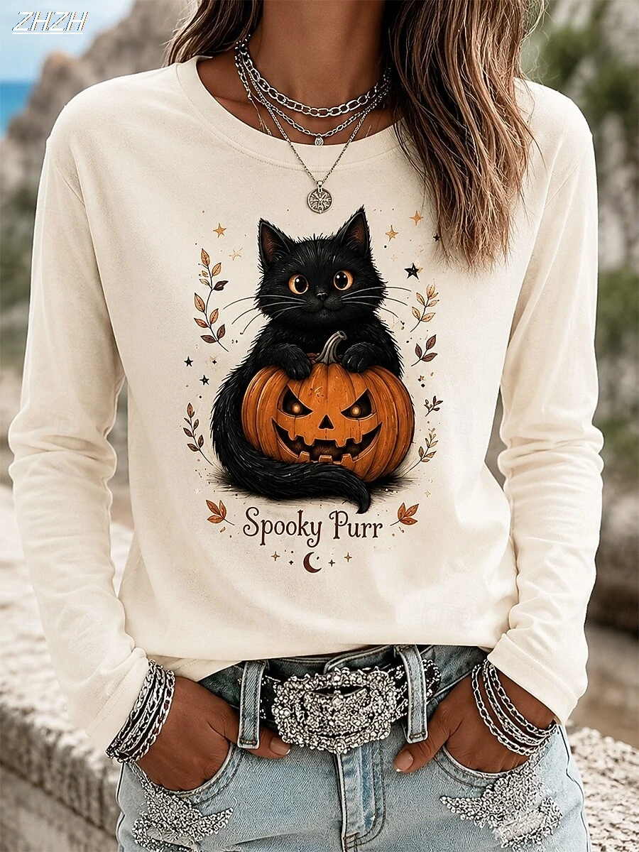 Women Halloween Black Cat Pumpkin Print Long Sleeve T‑Shirt Crew Neck Casual Fall Festival Graphic Top