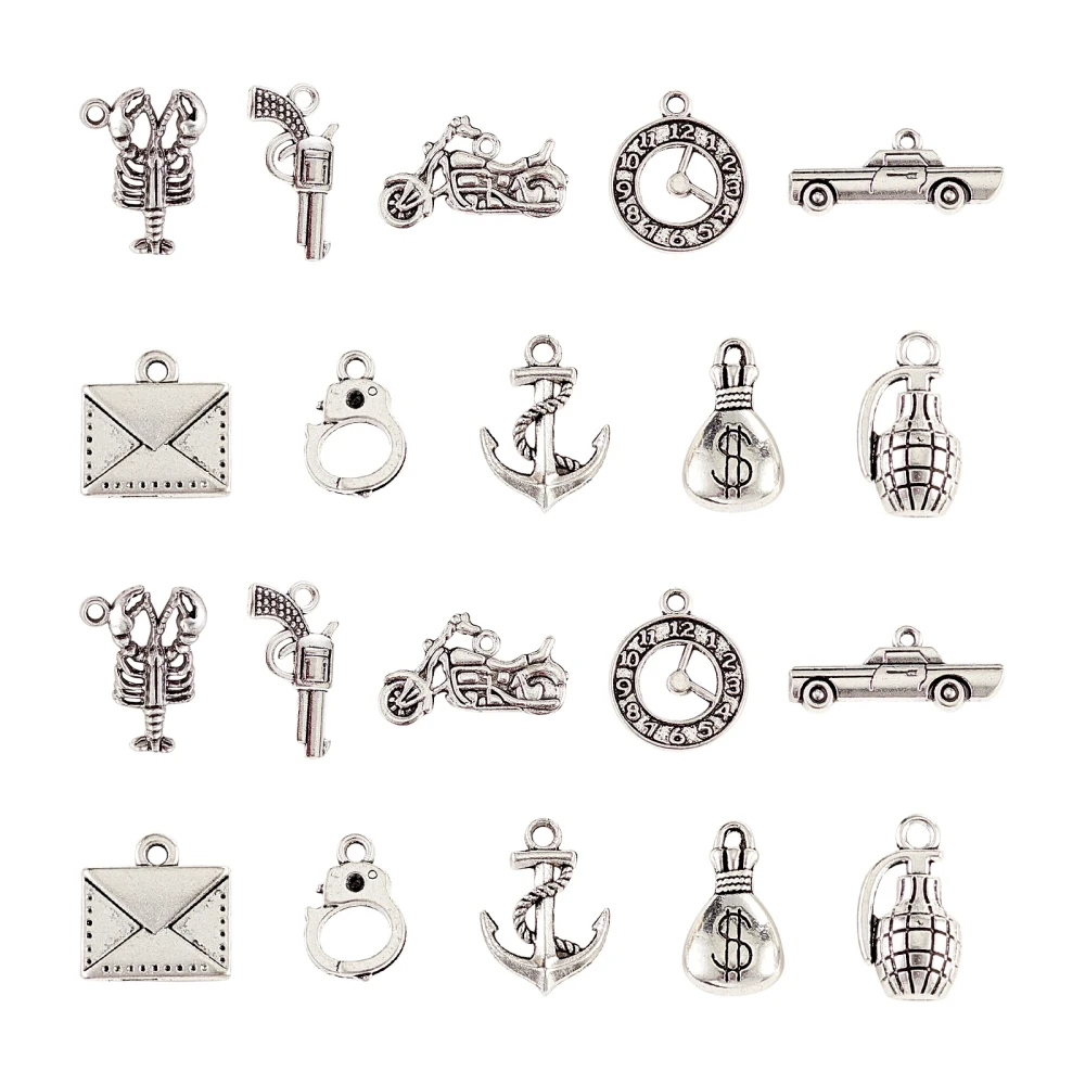 100pcs Tibetan Police Charms Mixed Styles Alloy Handcuff Clock Money Bag Car Motorcycle Gun Charms for Jewelry Making Necklace