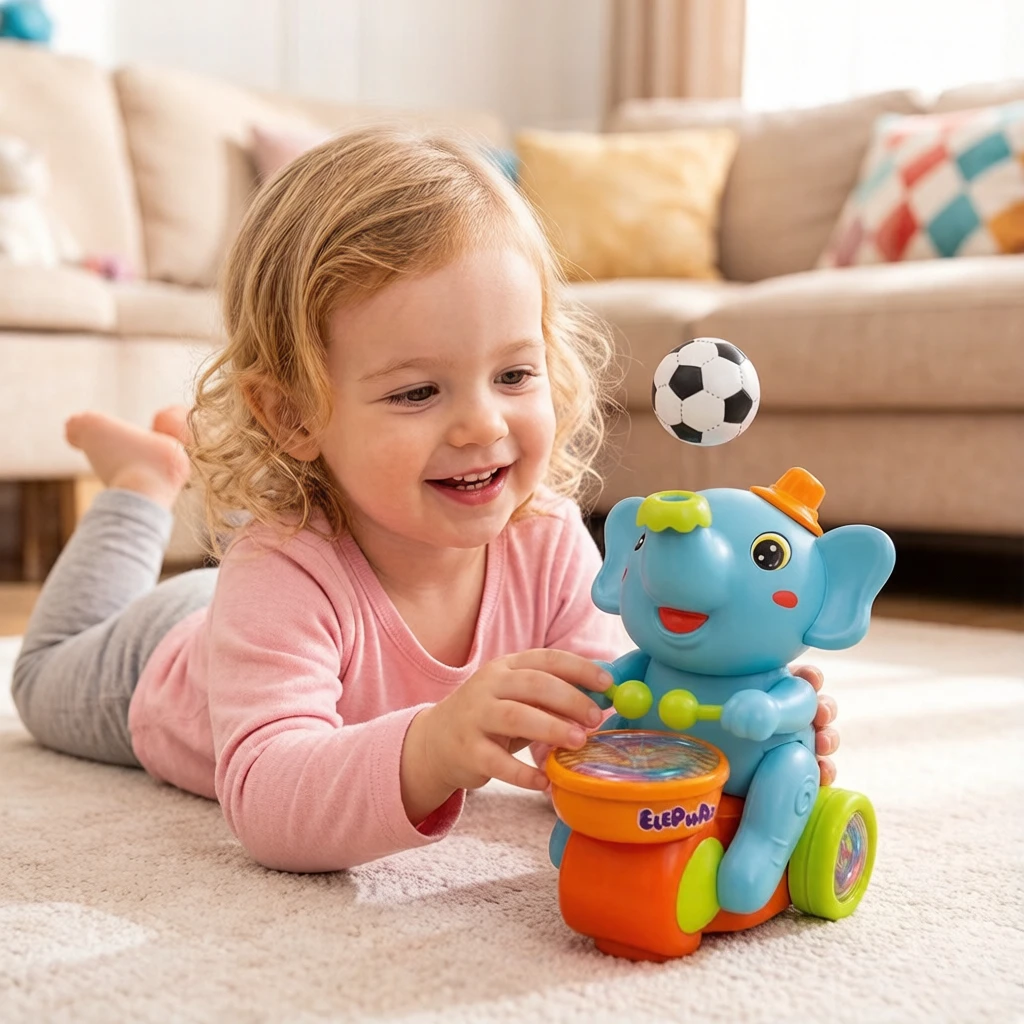Brinquedo eletrônico de elefante azul com luzes coloridas e música, lança bolas, presente sensorial de aniversário para crianças de 3 a 8 anos.