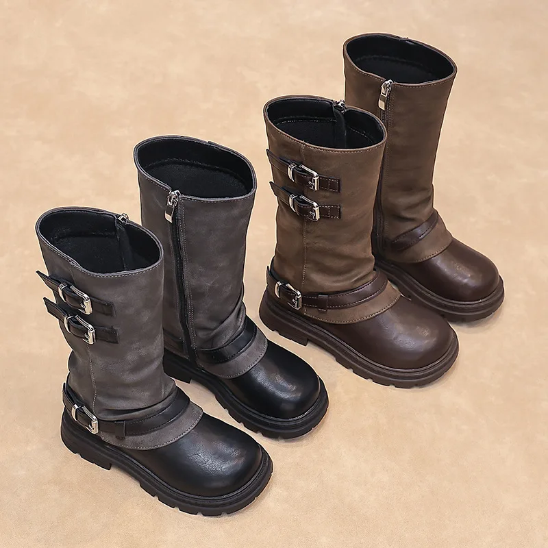 Kids' Boots PU Leather Autumn Buckle Fashion Thick Bottom Knee-high Boots For Children Warm Anti-slip Black Brown Size 27-37