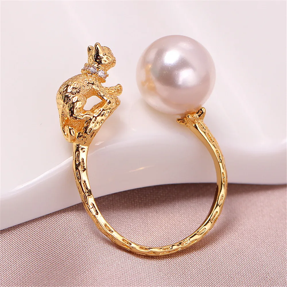 DIY Accessories Cat Zircon Copper Plated 18K Gold Jade Agate Open Pearl Ring Empty Hold Cute Girl.