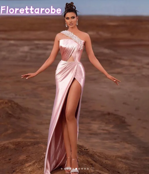 Customized Dubai Sexy High Split Prom Dress One Shoulder Beads Pearls Satin Long Evening Formal Celebrity Party Gowns Customized