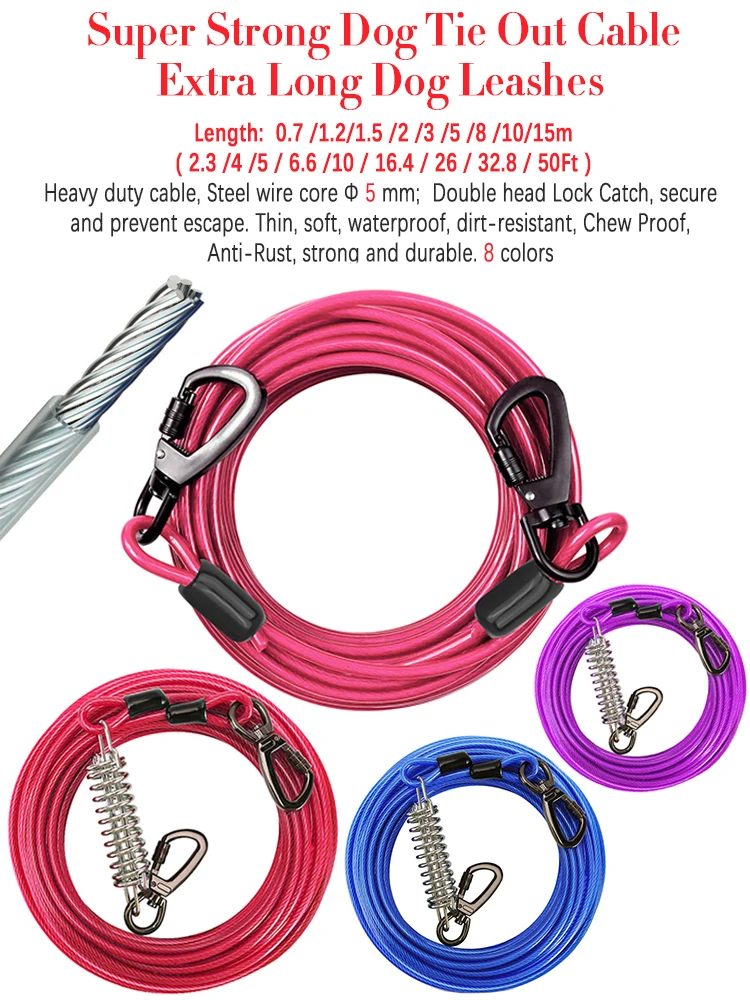 Extra Long Dog Leashes 5 10 15 m Training Heavy Duty Long Leashes for Dogs Tie Out Cable 50 Ft Leads for Yard Chains for Outside