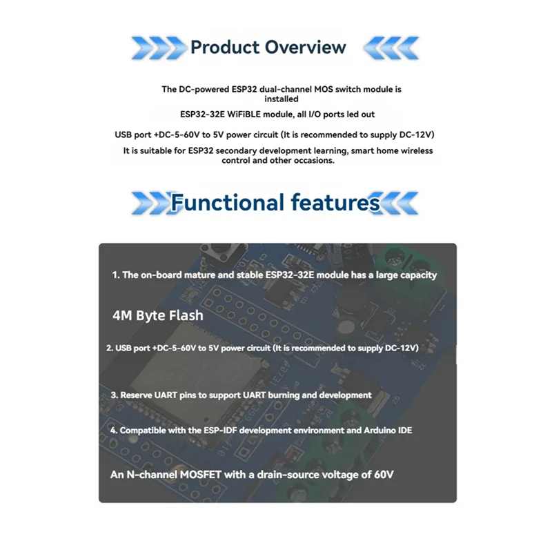 Módulo de interruptor MOS de doble canal ESP32 DC5-60V ESP32-32E integrado Wifi y módulo BLE