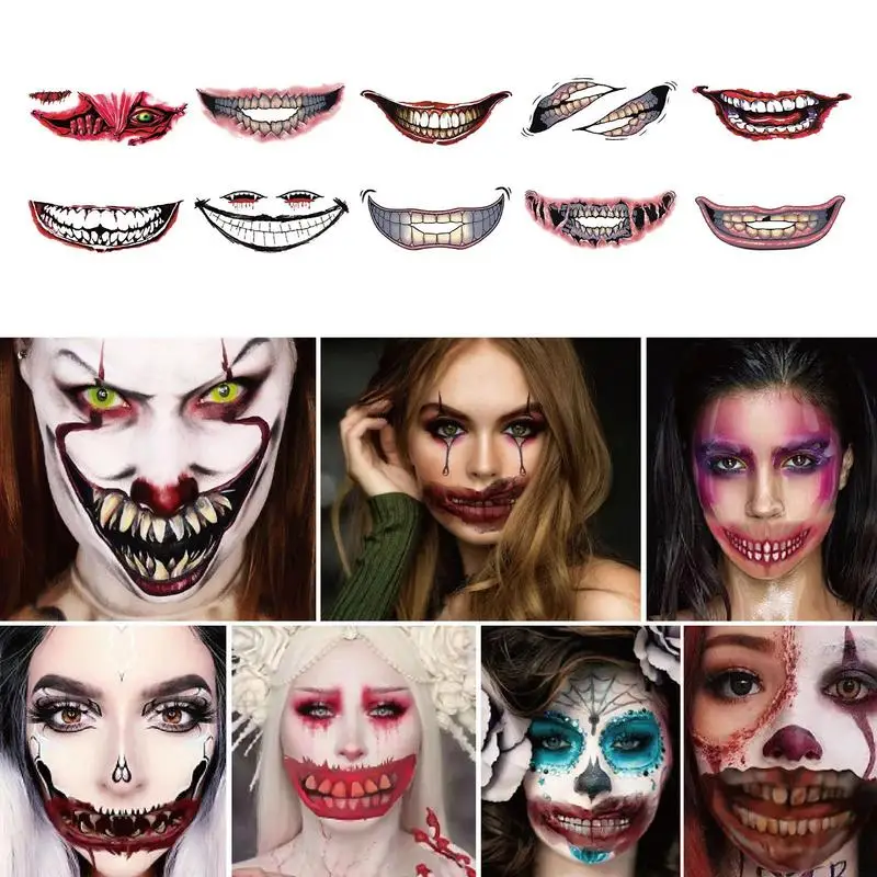 Halloween Clown Mouth Tattooss 10PCS Halloween Prank Makeup adesivi Tattooss temporanei decalcomanie per il viso Prank Props