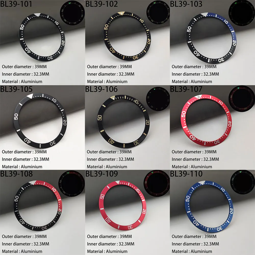 39mm*32.3mm Flat Fashion aluminium Watch Bezel Insert Fits SKX007 SKX009 SRPD Watch Cases NH35 NH36 Movement Watch Parts