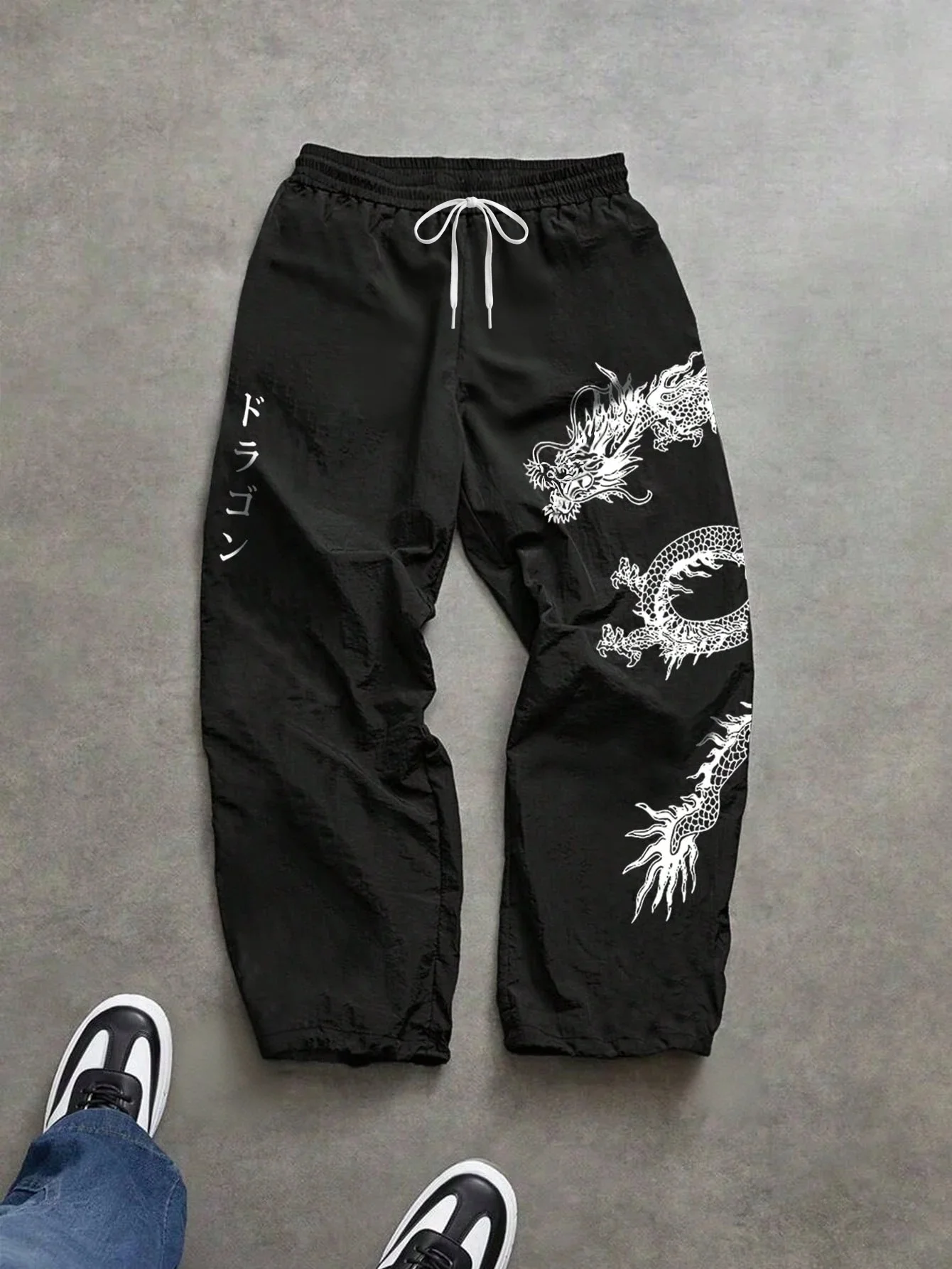 2026 Herren Frühling Sommer Drachen-Print Baggy Nylon-Hosen, Streetwear Jogger für Fitness & Alltag, Schwarz & Blau – Detail 6
