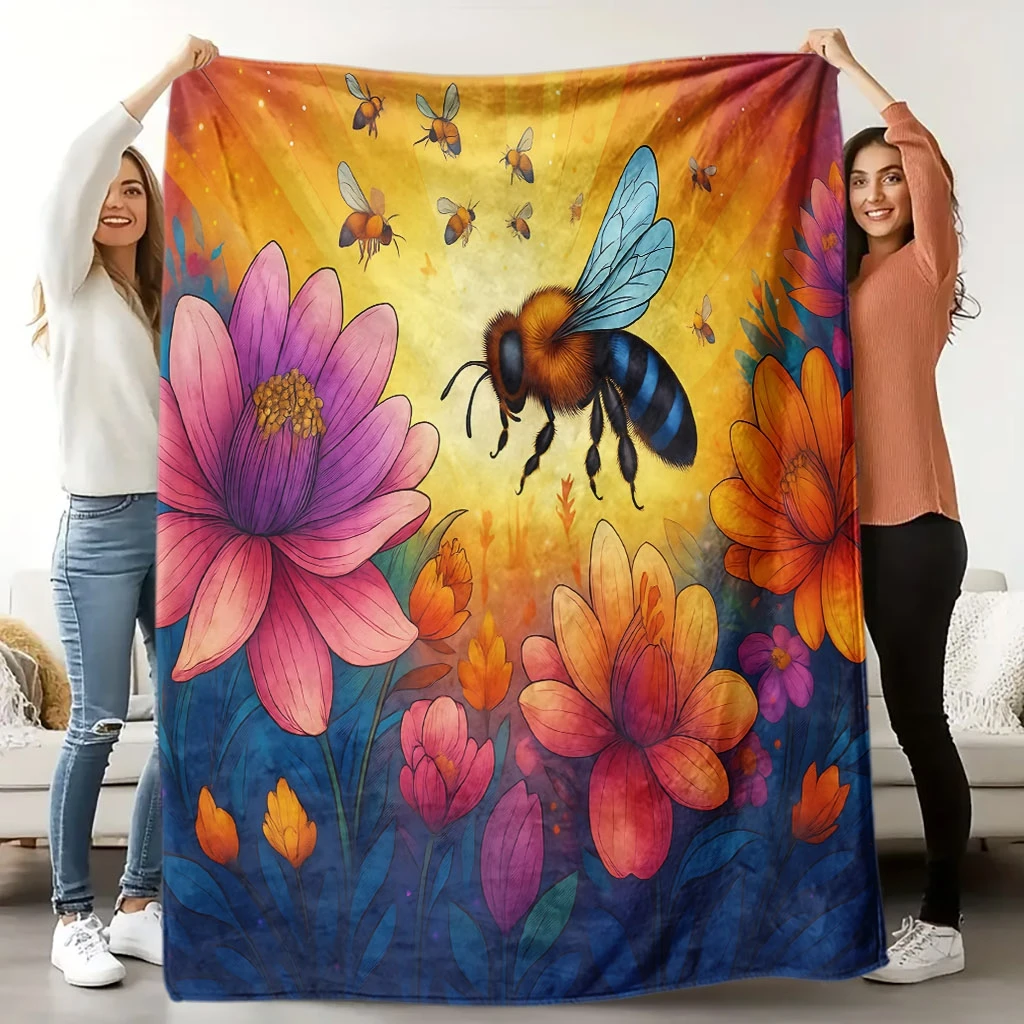 1pc Bee and Flower Fluttering Theme Flannel Blanket | High-Definition Digital Print, All-Season, Soft and Breathable, Ideal for