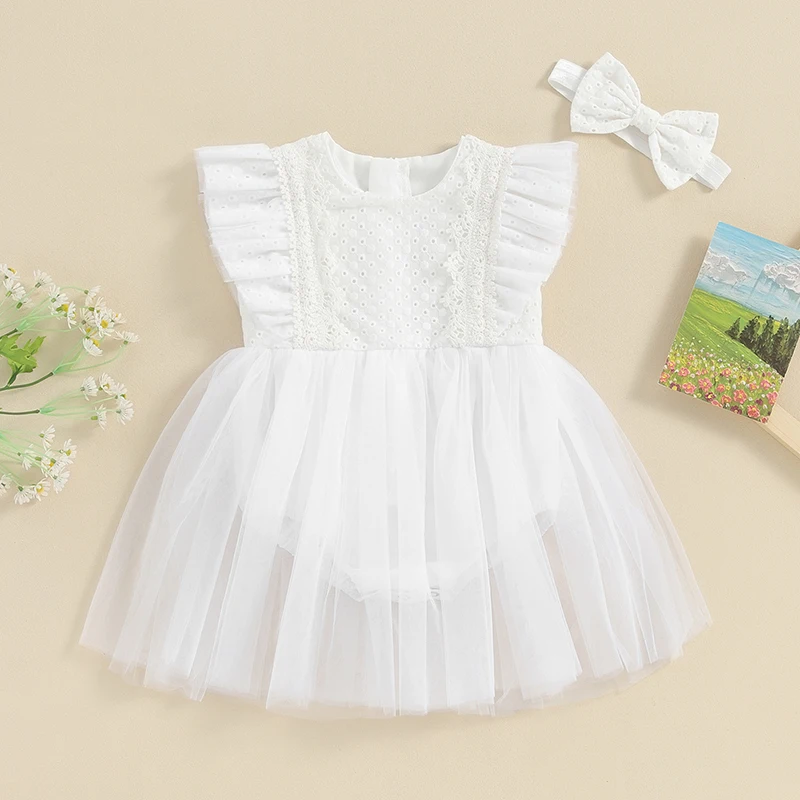 

SUNSIOM 2Pcs Infant Girl Summer Romper Dress Flying Sleeve Round Neck Tulle Skirt Hem Lace Romper with Headband Outfit