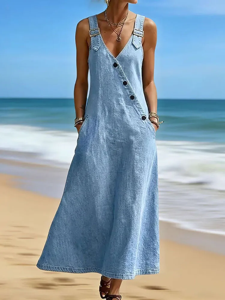 

Модное женское платье-камисоль с V-образным вырезом в уличном стиле, новинка 2026 года, повседневное платье без рукавов с карманами, простое однотонное джинсовое платье на пуговицах