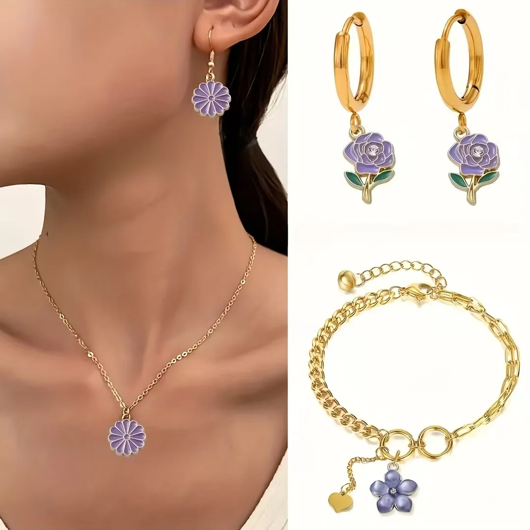Purple Flower Alloy Enamel Charms 50Pcs DIY Jewelry Pendants for Keychain Necklace Bracelet Earrings