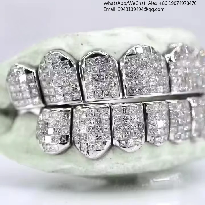 

Индивидуальные незаметные вставки из муассанита D-цвета, огранка «Принцесса», VVS, с серебряным покрытием и 18-каратным золотом, высококачественные муассанитовые грилзы