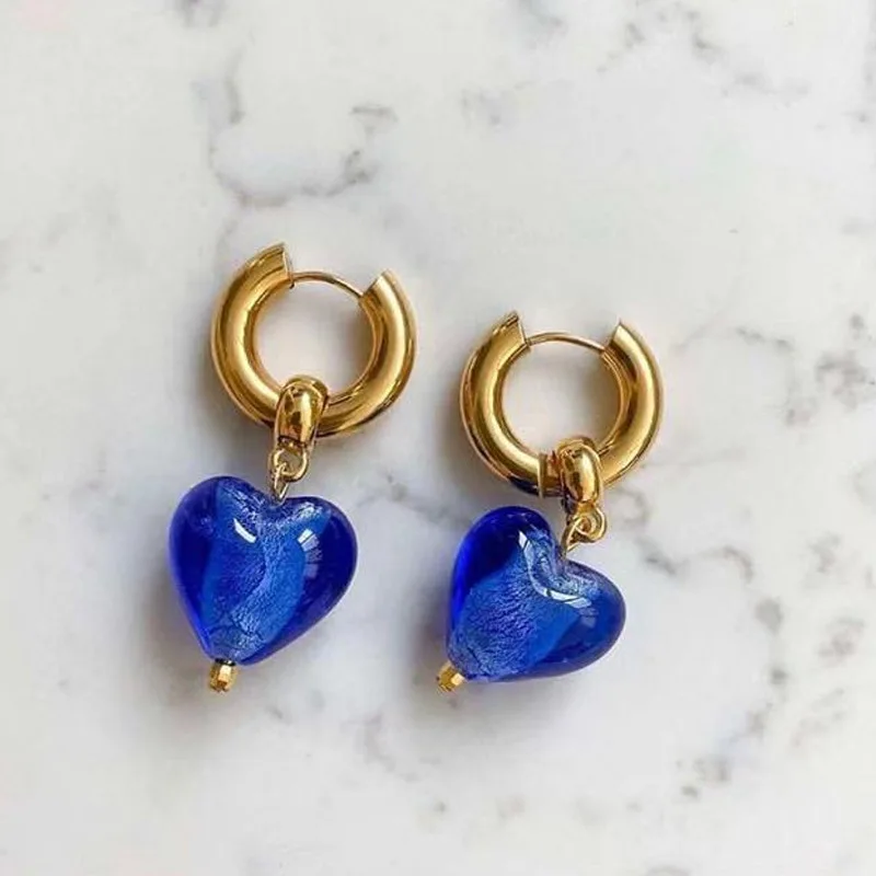 

Retro Niche Design Handmade Glass Love Circle Hoop Earrings Temperament Blue Coloured Glaze Heart Shape Earring New Style