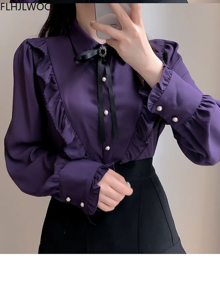 Formal Halloween Cute 2024 Woman Cute Sweet Girls Ribbon Bow Tie Retro Vintalge Top Blusas Purple Green White Button Shirts