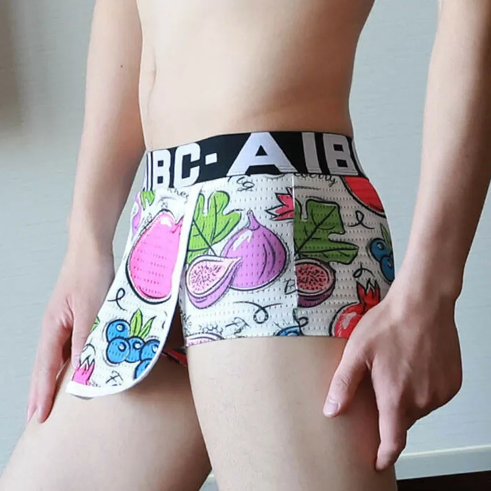 Open Crotch Cover Front Shorts Men Underpants Silk Smooth Briefs Breathable Underwear Sexy Cartoon Print Home Shorts A50