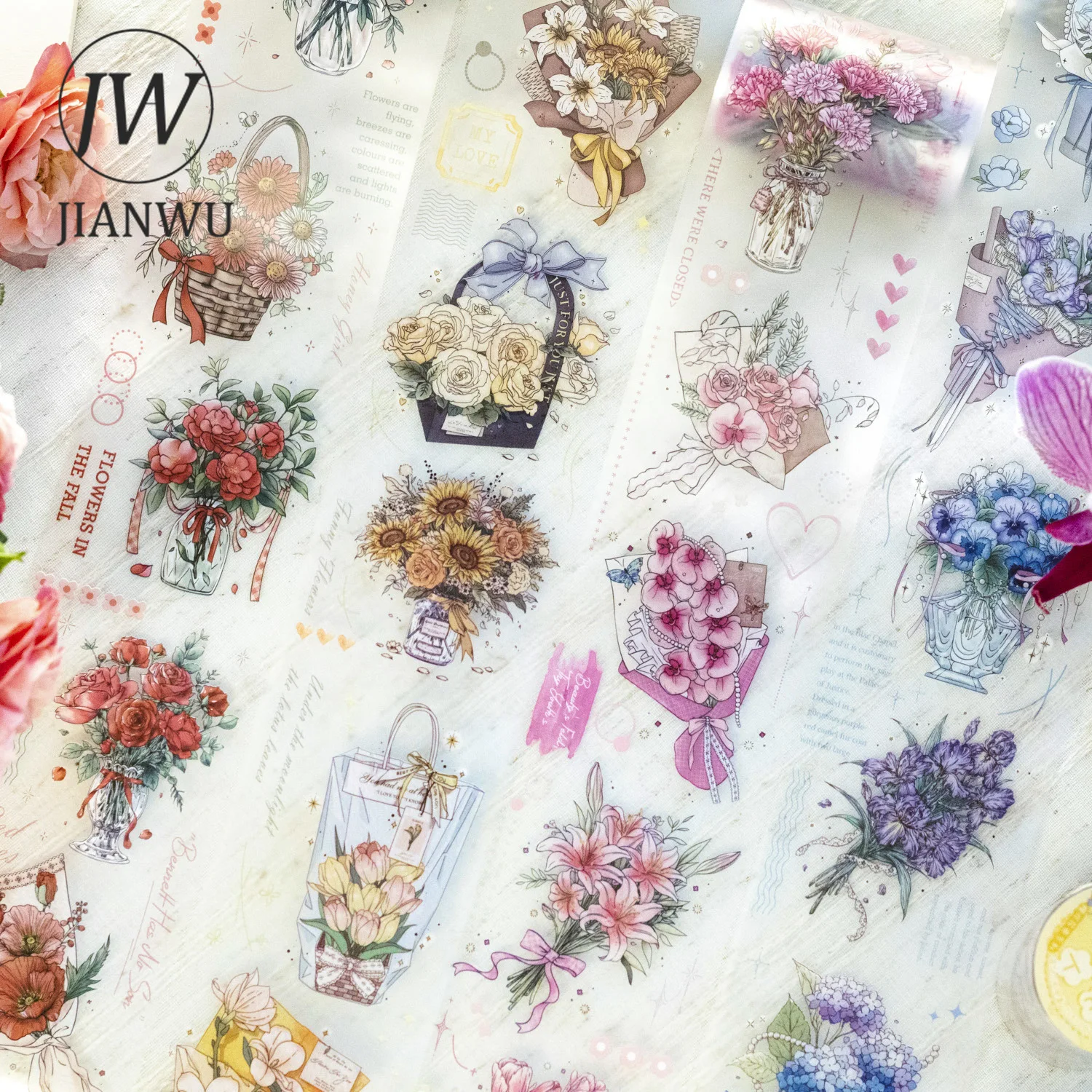 

JIANWU 60mm*200cm Send You A Bouquet Series Vintage Flower Material Collage PET Tape Creative DIY Journal Stationery