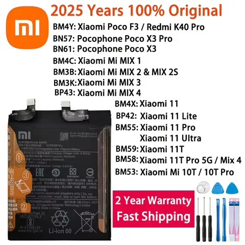 Batteria originale Xiaomi da 2025 anni per Xiaomi Mi Mix 1 2 2S 3 4 Mi 11 Mi11 Lite Ultra Poco X3 F3 Redmi K40 10T 11T Pro batterie