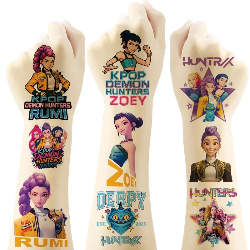 20 قطعة من ملصقات وشم Kpop Demon Hunters، لعبة الرسوم المتحركة المضحكة، فن الجسم الكرتوني، الوشم المؤقت المزيف، لعبة الأطفال DIY،