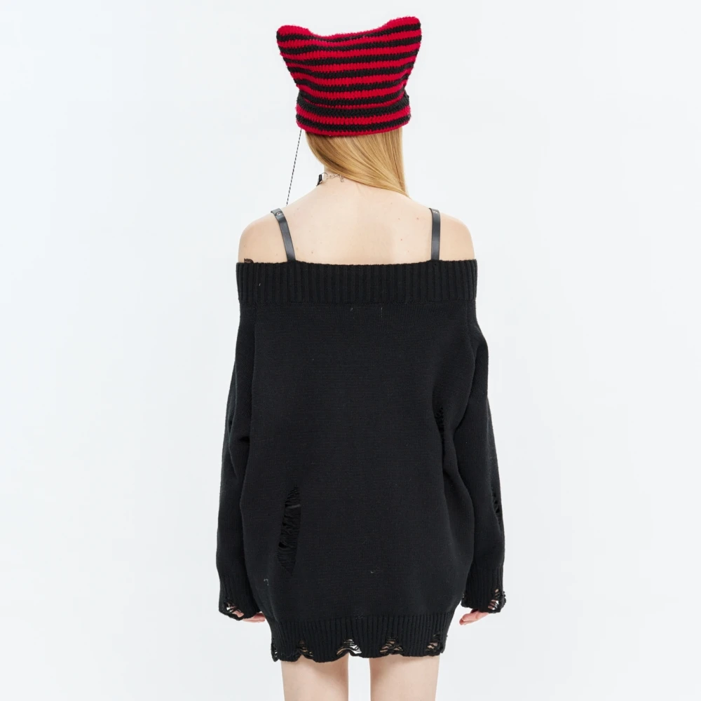 Off Shoulder Sweater For Women Y2k Frayed Knitted Sweaters Oversized Korean Fashion Spring Tops Streetwear Vintage Goth Clothes