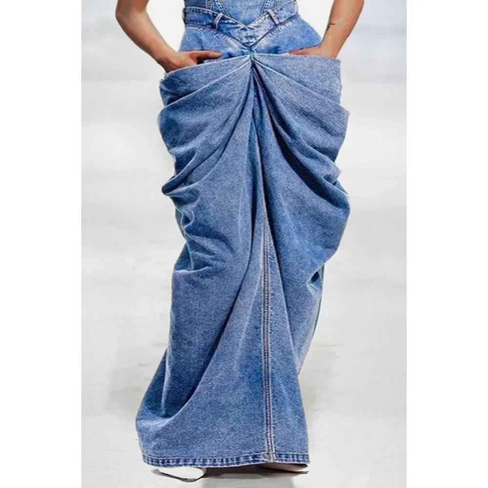 Plus Size Fashion Women\'s Dress Blue Bow Overalls Four Seasons Folding Denim Long Skirt