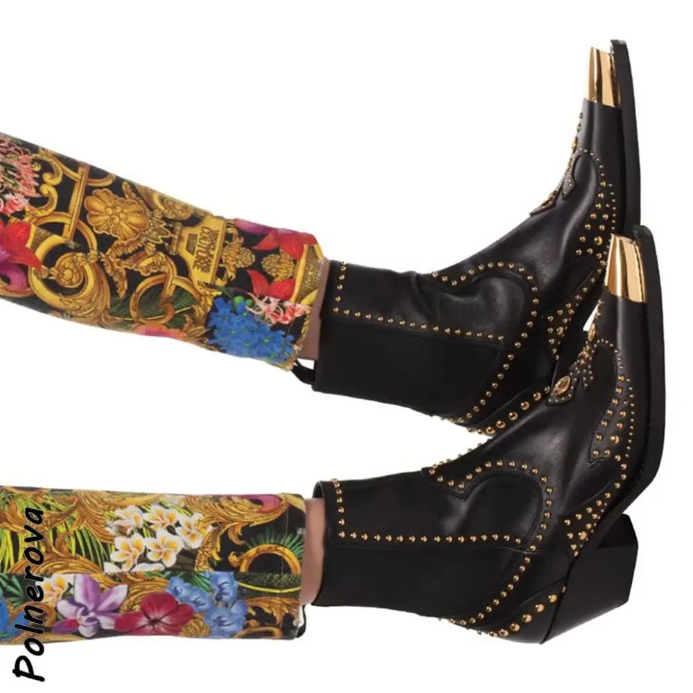 أسود معدن تو حذاء من الجلد برشام الانزلاق على الخياطة كعب مربع الانزلاق على رعاة البقر المدرج أحذية النساء موضة كول بنات حذاء من الجلد