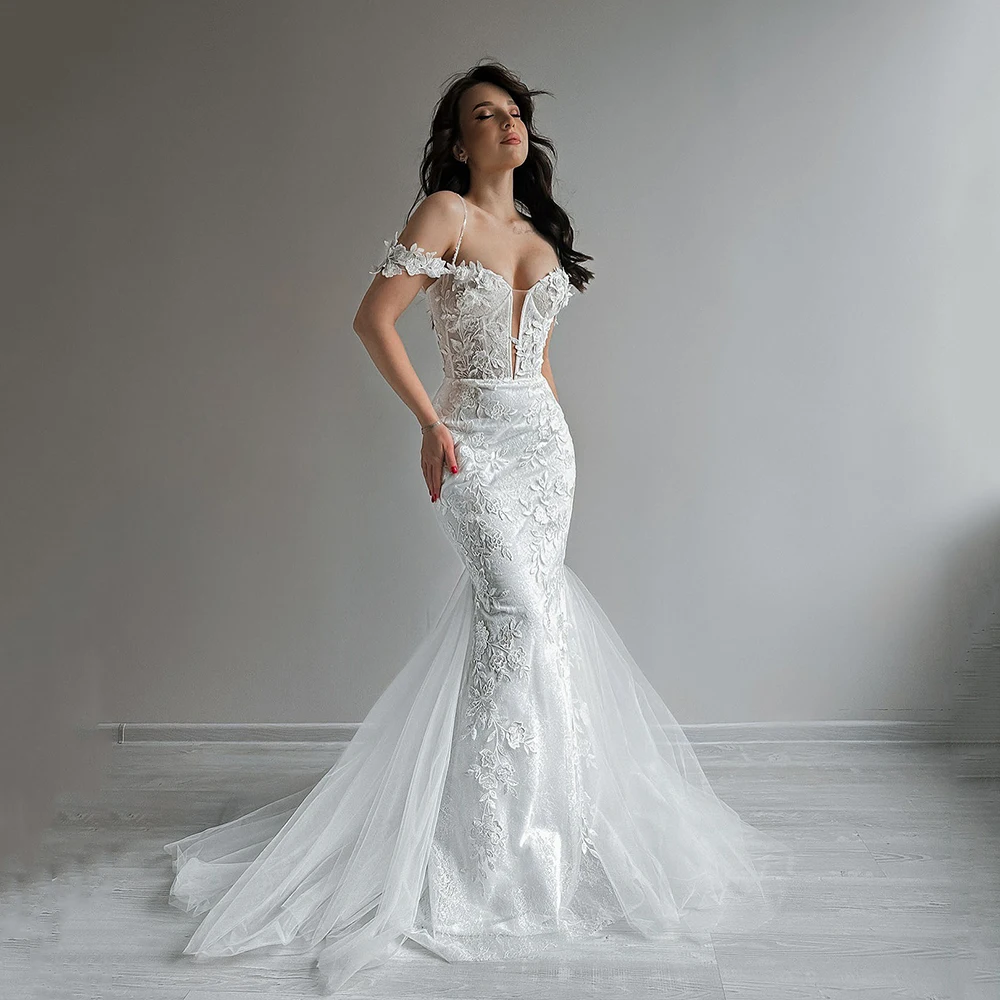 

Msikoods Luxury Wedding Dresses Women Customized Sexy V Neck Mermaid Brides Dress Puff Sleeves Corset Lace Appliques Bridal Gown