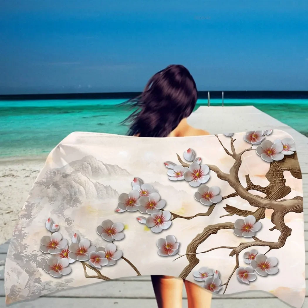 Plum Blossom Flower Beach Towel Microfiber Quick Dry Towel Ink Painting Summer Rectangular Absorbent Towel Home Decor for Women