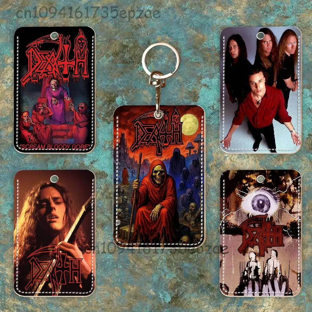 

Band D-Death Rectangle Card Case Keychain Access Card Bag Key Tag Ring Leather Card Holder Key Ring Access