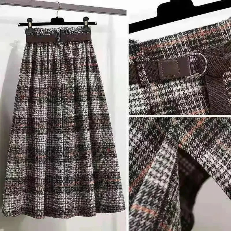 Autumn Ladies Irregular Woolen Grid Skirt Female New High Waist Large Size 4XL A-line Skirts Women Medium Long Styles Maxi Skirt