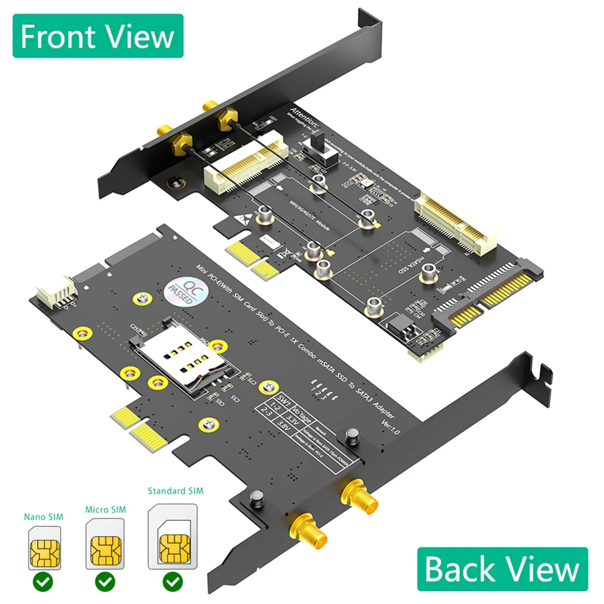 2In1 Combo Mini PCIE to PCI-E 1X Adapter and MSATA to SATA3 Adapter with SIM Card Slot for WiFi/ 3G/4G/LTE/ Msata SSD