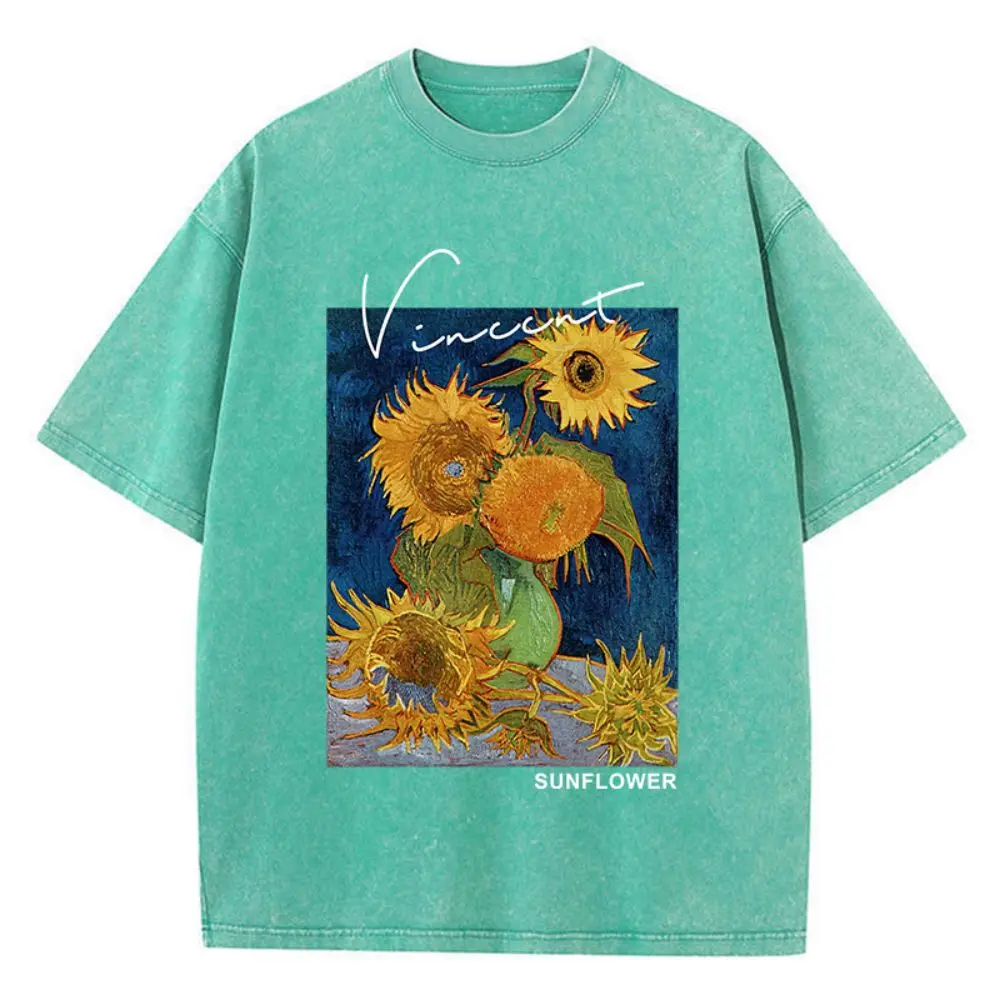 Casual Womens Cotton Washed T-Shirts Van Gogh Sunflower Printing Short Sleeve O-Neck Breathable Soft Tops Fashion Female Clothes