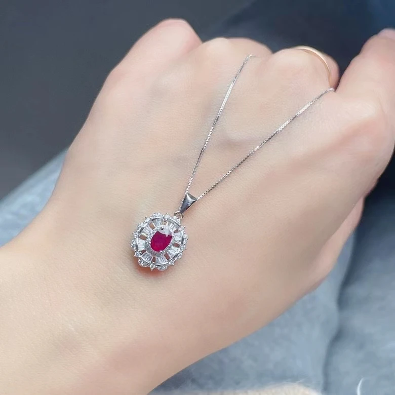 

2022 New Ruby Pendant of Women Necklace Real 925 Silver Natural Gemstone Love Date Girl Gift Birthstone