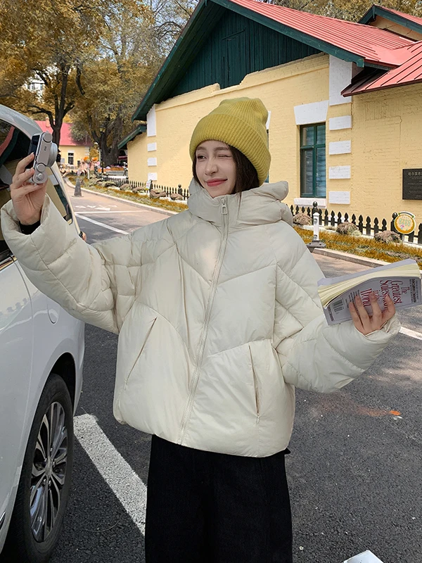 

Women's ort Hooded down Cotton Jaet 2026 Winter New Korean Loose Thi Warm Bread Sle Coat High Collar Zipper Closure