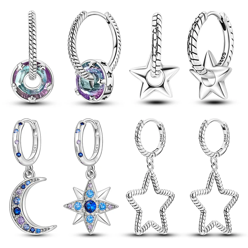 

S925 Silver Loops Star Moon Ringed Snake Bone Earrings Pendant Simple Jewelry For Women Girls Party Birthday Luxury DIY Gift Hot