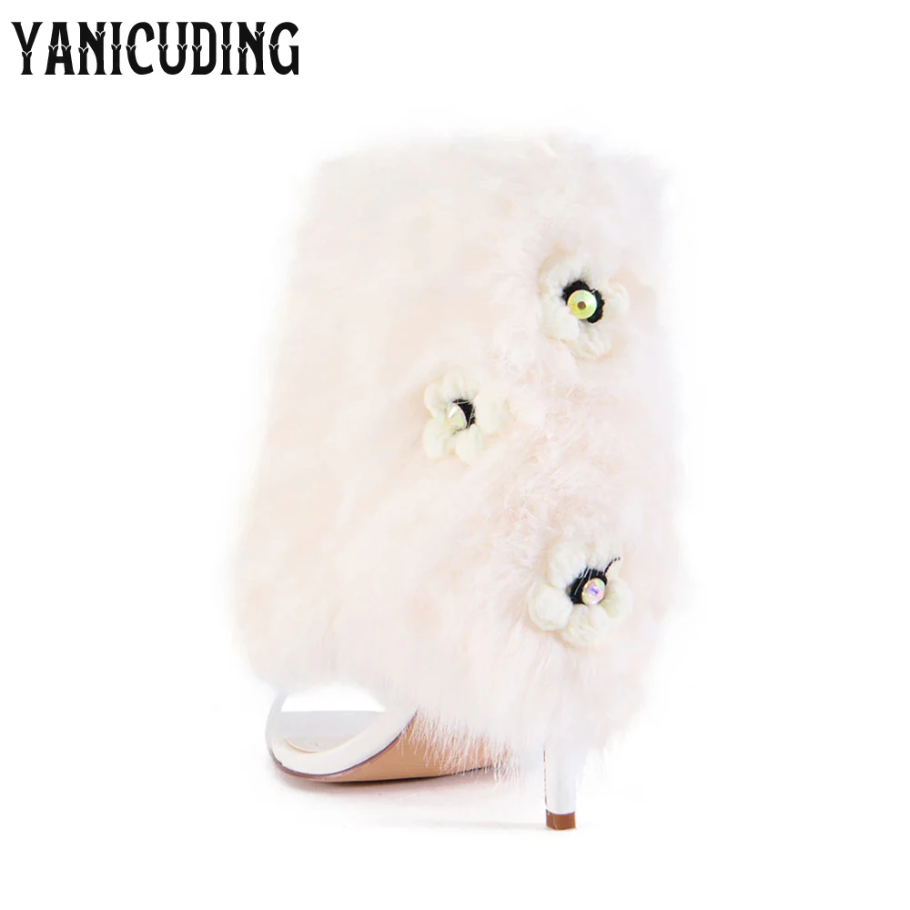 Faux Fur Sandal Booties Pvc Foot Strap Pointed Summer Boots Sexy Style Stiletto Heel Boots Plush Flower Embellished Ankle Boots