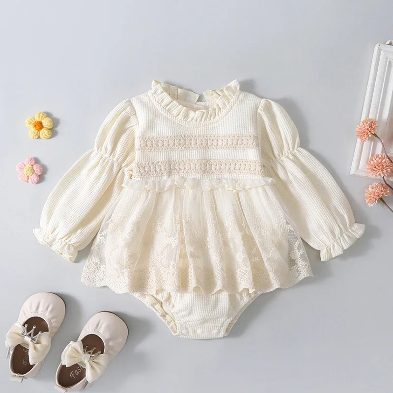2026 New Spring Infant Baby Girls Jumpsuit Long Sleeves Lace Splice Newborn Baby Girls Bodysuits 0-24M Baby Girl Clothing