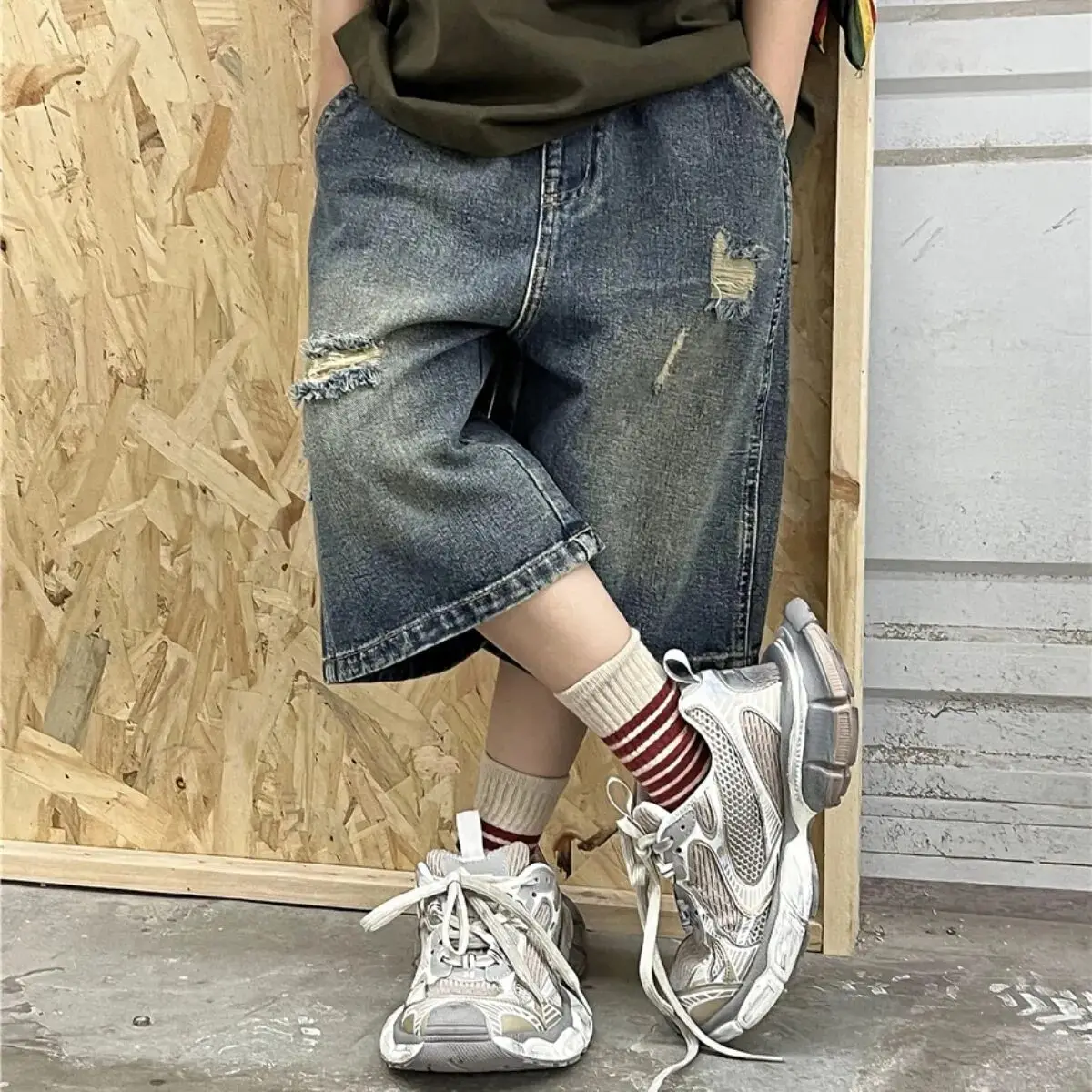 summer children's denim shorts retro distressed pants boys baby fashionable jeans