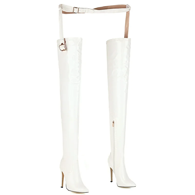 Leather Over the Knee Belt Boots Women Sexy Style Thigh High Boot Pointed Toe Buckle Strap Fetish Stripper Dance Shoes Female