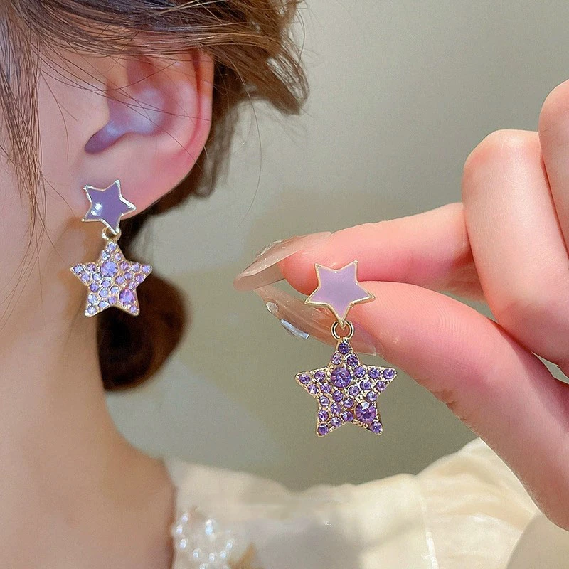 925 Silver Needle Korean Fashion Purple Crystal Star Earrings For Women Jewelry 2025 Trending Vintage Sweet Drop Earrings Brinco