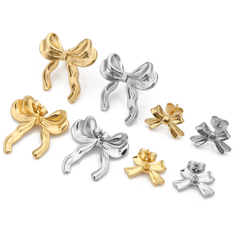 6pcs/lot Stainles Steel PVD Plating Gold Color Waterproof Bow Stud Earrings for Women Fashion Luxury Jewelry Female Earrings