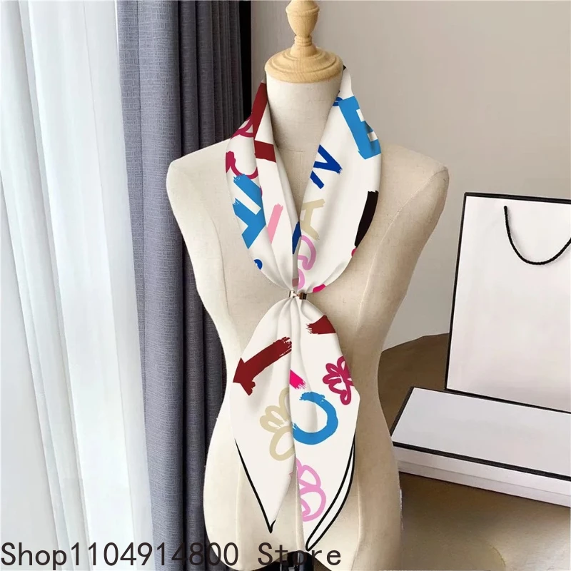 

French Style New Black and White Letter Color Matching Women's Shawl Large Square Scarf Twill Silk Headscarf Scarf Wholesale