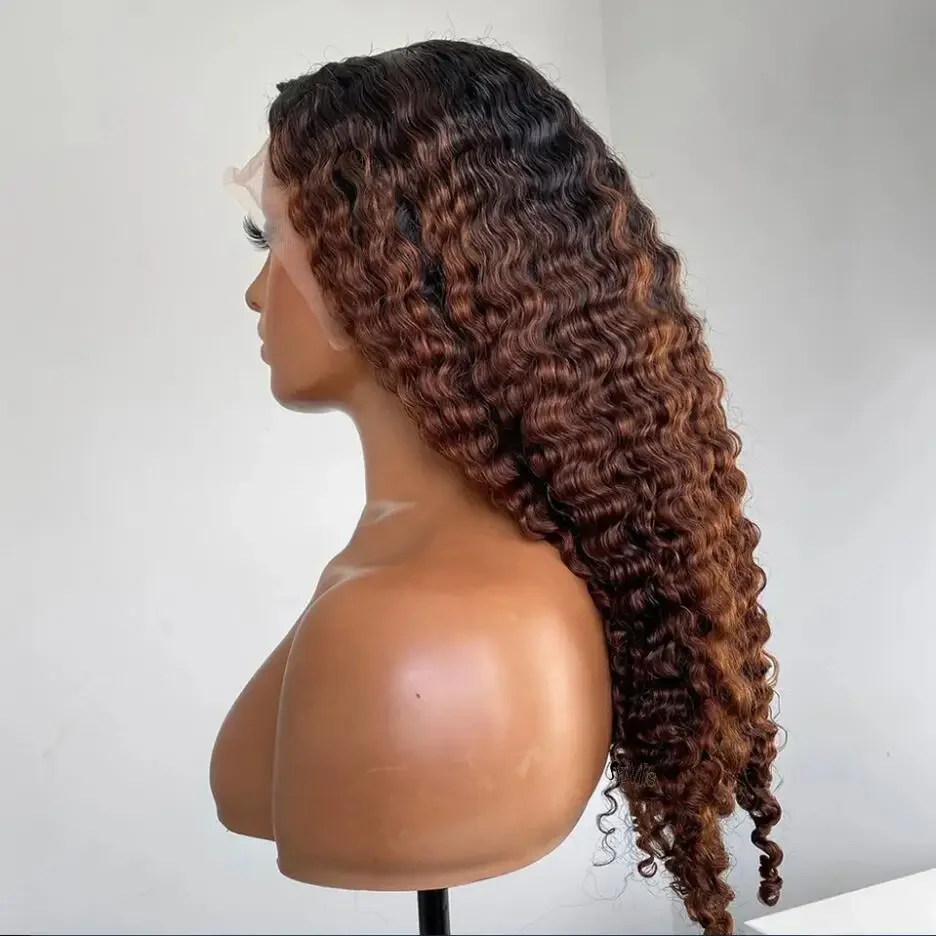 Soft 26Inch Preplucked ombre Brown Color 180Density kinky Curly Lace Front Wig Synthetic Baby Hair Glueless Daily Wear Wig