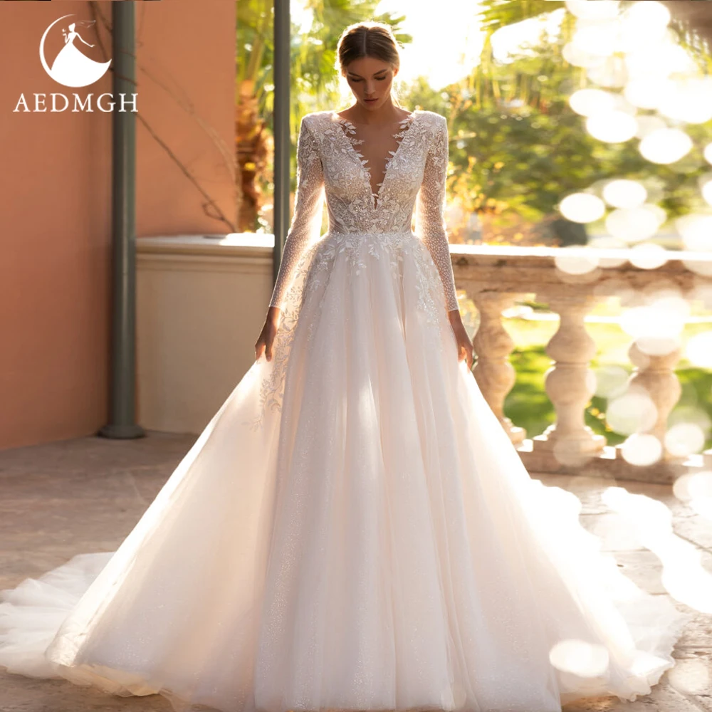 Aedmgh-vestidos De novia brillantes, corte en A, cuello en V, manga larga, bata De novia con cuentas De encaje y lentejuelas, elegante vestido De novia hecho a medida De lujo