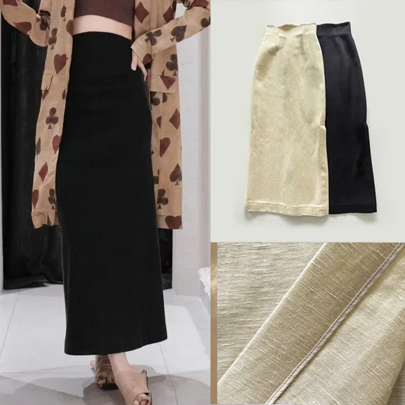 

LUXURY-Linen Wool Texture Half Skirt for Women, Side Slit, Simple High Waisted Skirt, Spanish Atmosphere, Autumn and Wi