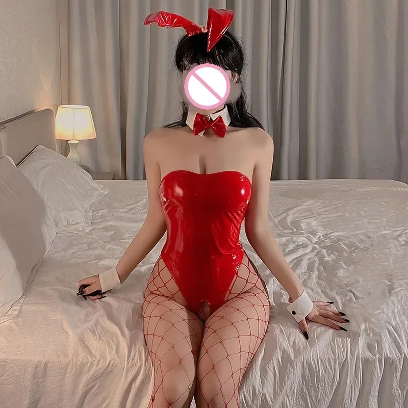 Girl Red PU Leather Bunny Suit Jumpsuit Cosplay Lingerie Women Sexy Costume Kawaii One Piece Crotchless Rabbit Bodysuit