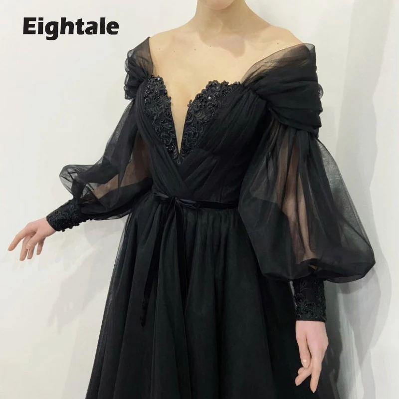 Eightale Đen Wedding Dresses Tắt Vai Dài Puffy Sleeves Tulle Victorian Gothic Ren Up Bridal Gowns Vestidos De Novia